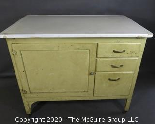 Vintage Hoosier Base with White Enamel Top.  Much Wear and Water Damage to Veneer on both sides; 25"D x 40"W x 33"T  