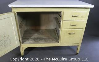 Vintage Hoosier Base with White Enamel Top.  Much Wear and Water Damage to Veneer on both sides; 25"D x 40"W x 33"T  