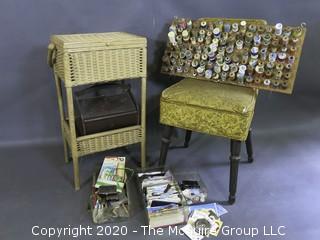 Vintage Wicker Sewing Box, Chair with Seat Storage, Home Made Spool Oranizer, Box of Binding Tape, Miscellaneous Notions, etc.