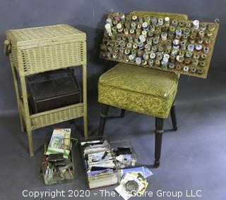 Vintage Wicker Sewing Box, Chair with Seat Storage, Home Made Spool Oranizer, Box of Binding Tape, Miscellaneous Notions, etc.