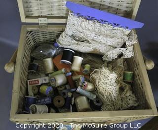 Vintage Wicker Sewing Box, Chair with Seat Storage, Home Made Spool Oranizer, Box of Binding Tape, Miscellaneous Notions, etc.