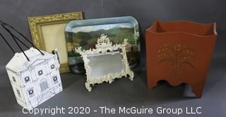 Group of Decorative Items.  Includes Cast Iron Framed Mirror, Wood with Gilt Bin, Painted Metal Tray, Gilt Frame and Wood Wine Carrier.