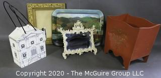 Group of Decorative Items.  Includes Cast Iron Framed Mirror, Wood with Gilt Bin, Painted Metal Tray, Gilt Frame and Wood Wine Carrier.