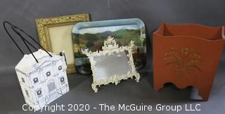 Group of Decorative Items.  Includes Cast Iron Framed Mirror, Wood with Gilt Bin, Painted Metal Tray, Gilt Frame and Wood Wine Carrier.