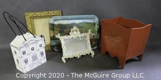 Group of Decorative Items.  Includes Cast Iron Framed Mirror, Wood with Gilt Bin, Painted Metal Tray, Gilt Frame and Wood Wine Carrier.