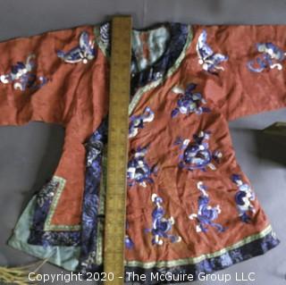 Group of Vintage Items.  Includes Child's Silk Kimono and Silk Embroidered Slippers, Ice Skates, Beaded Flowers, Brass Expandable Picture Frame, etc. 