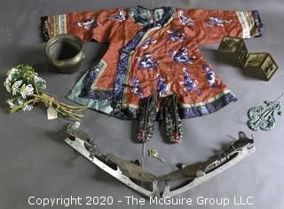 Group of Vintage Items.  Includes Child's Silk Kimono and Silk Embroidered Slippers, Ice Skates, Beaded Flowers, Brass Expandable Picture Frame, etc. 