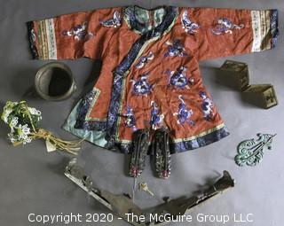 Group of Vintage Items.  Includes Child's Silk Kimono and Silk Embroidered Slippers, Ice Skates, Beaded Flowers, Brass Expandable Picture Frame, etc. 