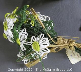 Group of Vintage Items.  Includes Child's Silk Kimono and Silk Embroidered Slippers, Ice Skates, Beaded Flowers, Brass Expandable Picture Frame, etc. 