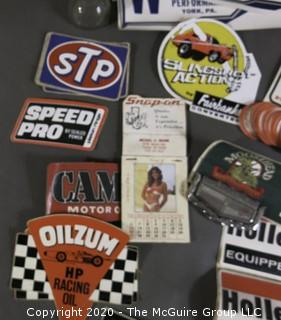 Collection of Oil Company Adhesive Decals, Promotional Calendar and Paper Clamp from Tool Companies, Oil Cans and AAA Badge. 