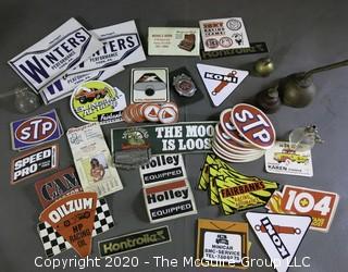 Collection of Oil Company Adhesive Decals, Promotional Calendar and Paper Clamp from Tool Companies, Oil Cans and AAA Badge. 