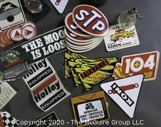 Collection of Oil Company Adhesive Decals, Promotional Calendar and Paper Clamp from Tool Companies, Oil Cans and AAA Badge. 