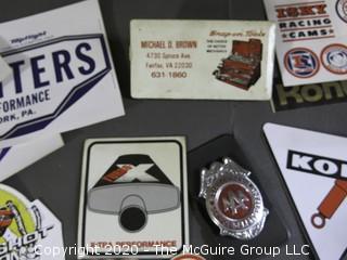 Collection of Oil Company Adhesive Decals, Promotional Calendar and Paper Clamp from Tool Companies, Oil Cans and AAA Badge. 