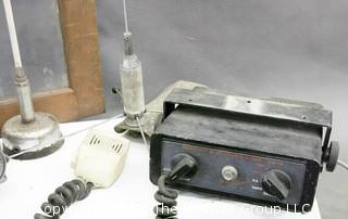 Collection including CB antennas, car radio, (2) metal machinists vices, grease gun, etc. 