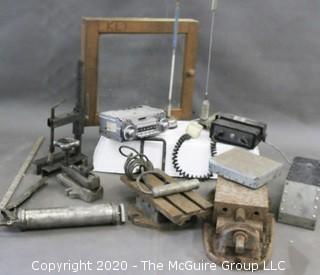 Collection including CB antennas, car radio, (2) metal machinists vices, grease gun, etc. 