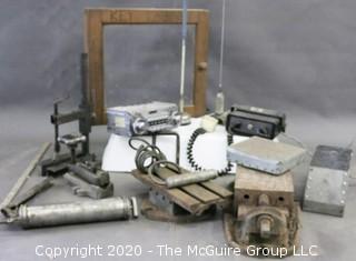 Collection including CB antennas, car radio, (2) metal machinists vices, grease gun, etc. 