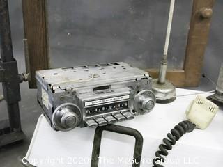 Collection including CB antennas, car radio, (2) metal machinists vices, grease gun, etc. 