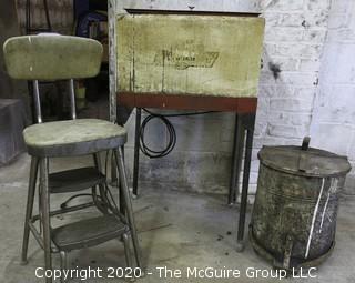 Collection including mechanics electric parts washer, safety rag waste can and metal step/stool