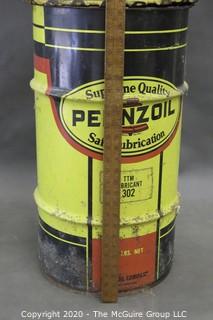 Large Pennzoil grease can (15" diameter x 27"T; nearly empty) and metal watering can