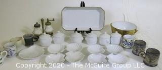 Large Group of Ceramic and Porcelain Serving Pieces.  Includes Porcelain Shell Appetizer Dishes and Small Covered Soup Pots, Etc. 