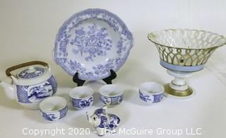 Group of Blue and White Porcelain.  Includes Asian Teapot and Cups, Elephant Figurine, Pedestal Basket, Etc.