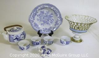 Group of Blue and White Porcelain.  Includes Asian Teapot and Cups, Elephant Figurine, Pedestal Basket, Etc.