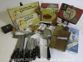 Large Lot of Kitchen Utensils and Knives.  Includes Ampia Pasta Maker, Mandolin, Ravioli Molds, Kitchen Knives, Apple Slicer,Etc