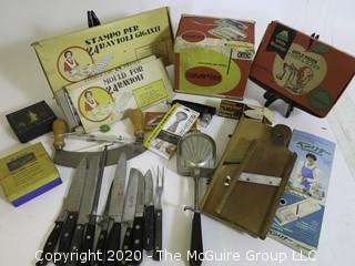 Large Lot of Kitchen Utensils and Knives.  Includes Ampia Pasta Maker, Mandolin, Ravioli Molds, Kitchen Knives, Apple Slicer,Etc