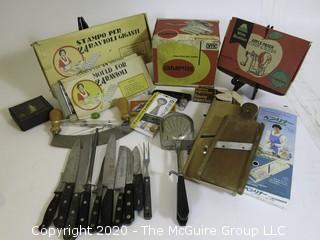 Large Lot of Kitchen Utensils and Knives.  Includes Ampia Pasta Maker, Mandolin, Ravioli Molds, Kitchen Knives, Apple Slicer,Etc