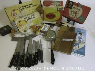 Large Lot of Kitchen Utensils and Knives.  Includes Ampia Pasta Maker, Mandolin, Ravioli Molds, Kitchen Knives, Apple Slicer,Etc