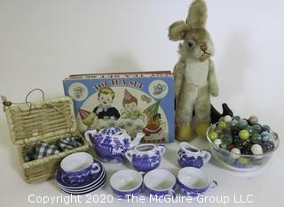 Child's Blue and White Porcelain Tea Set in Box, Toy Rabbit and Marbles.  