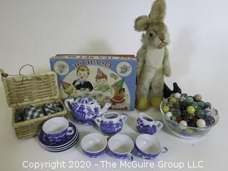 Child's Blue and White Porcelain Tea Set in Box, Toy Rabbit and Marbles.  