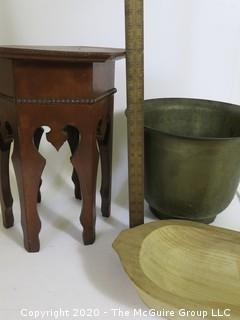 Small Red Octagonal Table, Wood Carved Bowl and Large Brass Planter.