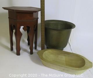 Small Red Octagonal Table, Wood Carved Bowl and Large Brass Planter.