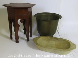 Small Red Octagonal Table, Wood Carved Bowl and Large Brass Planter.