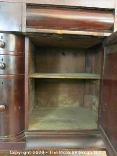 Heavy Antique Victorian Mahogany Buffet Cabinet.  Damage to the veneer and top decorative bracket needs to be reattached; 46"T (54" at back) x 28"D 