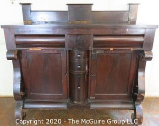 Heavy Antique Victorian Mahogany Buffet Cabinet.  Damage to the veneer and top decorative bracket needs to be reattached; 46"T (54" at back) x 28"D 