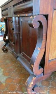 Heavy Antique Victorian Mahogany Buffet Cabinet.  Damage to the veneer and top decorative bracket needs to be reattached; 46"T (54" at back) x 28"D 