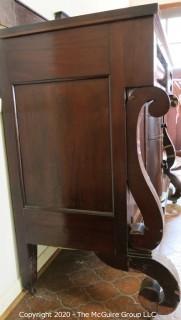 Heavy Antique Victorian Mahogany Buffet Cabinet.  Damage to the veneer and top decorative bracket needs to be reattached; 46"T (54" at back) x 28"D 