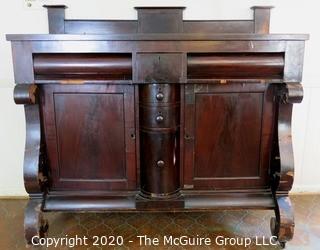 Heavy Antique Victorian Mahogany Buffet Cabinet.  Damage to the veneer and top decorative bracket needs to be reattached; 46"T (54" at back) x 28"D 