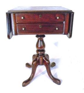 Pedestal drop leaf mahogany two drawer side table; 28"T x 34"W (with leaves up)