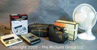 Collection including a projector scope, boom box, electric adding machine, cassette recorder and fan 