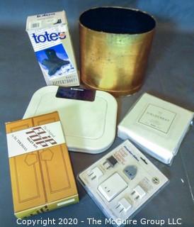 Collection including bathroom scales, NIB Totes, Waste Basket, NIB sheets, and NIB Foreign Voltage Adapter Kit