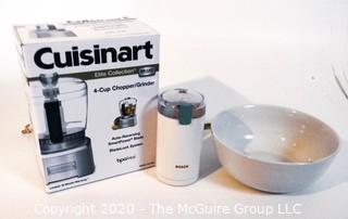 Collection of kitchenwares including Cuisinart Chopper/Grinder; Krups grinder and Finnish Bowl