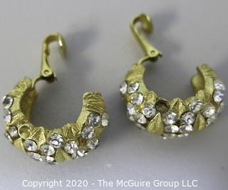 Gold Tone and Rhinestone Clip On Earrings.  Missing Stones.