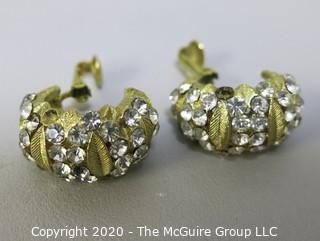 Gold Tone and Rhinestone Clip On Earrings.  Missing Stones.