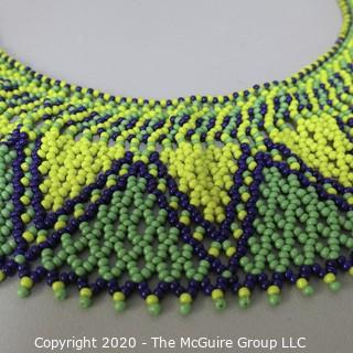 Likely a Vintage Glass Seed Bead Collar Bib Necklace Hand Beaded Native American: Green, Black and Yellow  geometric