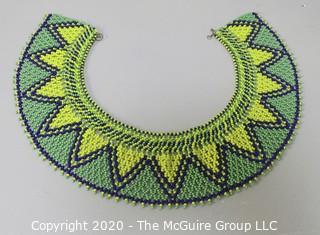 Likely a Vintage Glass Seed Bead Collar Bib Necklace Hand Beaded Native American: Green, Black and Yellow  geometric