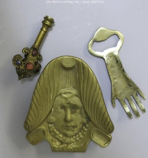 Three Brass Decorative Items Including Ashtray, Bottle Opener and Finale with Inlaid Stones.