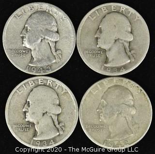 (4) 1934,42,43 Washington Quarters